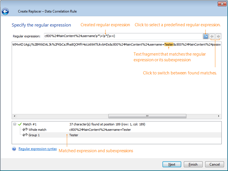 Verifying the created regular expression in the Create Data Replacer Wizard