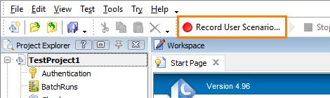 The Record User Scenario Toolbar Item. This image was captured using LoadComplete Pro.