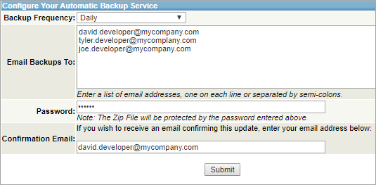 The Configure Automatic Backup Service section