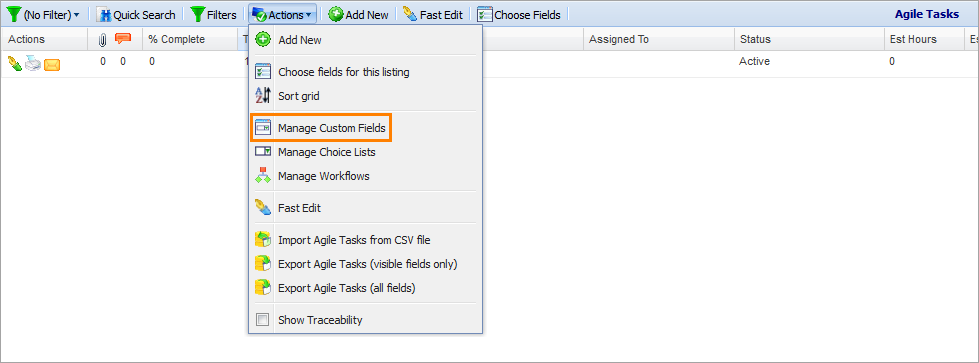 The Manage Custom Fields item in the Actions menu