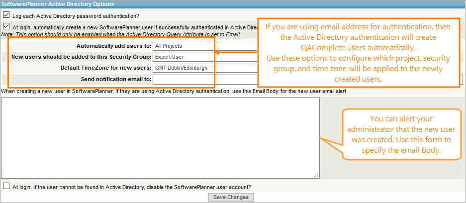 The SoftwarePlanner Active Directory Options section