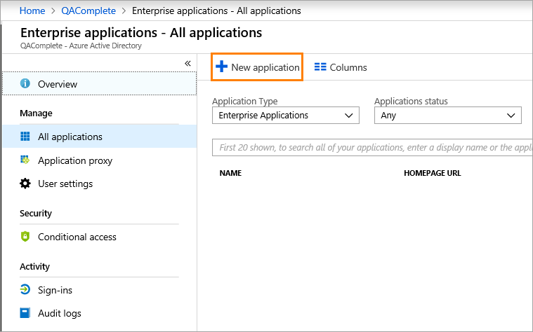 Azure Active Directory: The New application button