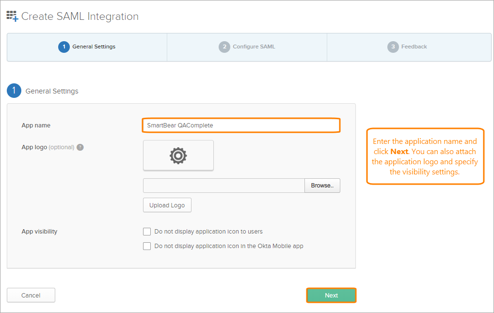 Single Sign-On in QAComplete: General settings of the Okta application