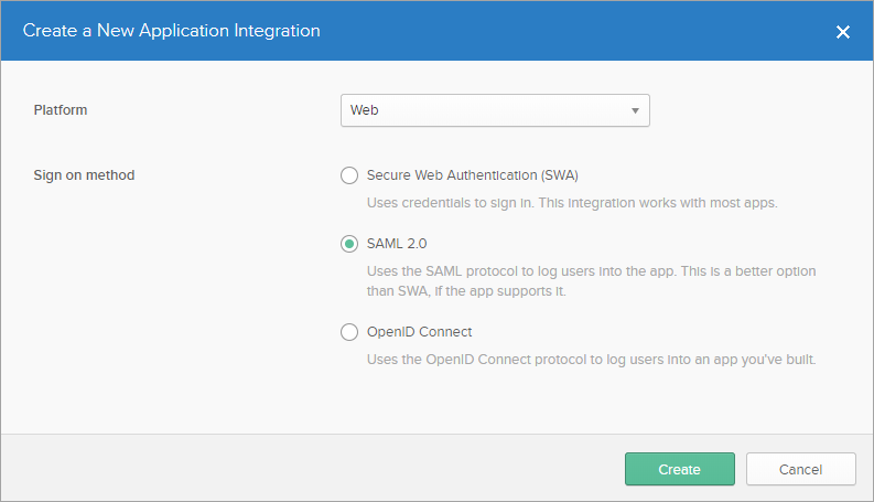Single Sign-On: The Create a New Application Integration dialog in Okta
