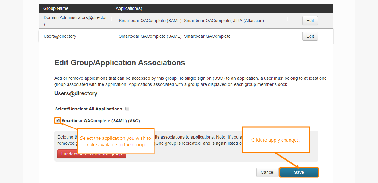 Single Sign-On: The Edit Group/Application Associations screen in PingOne