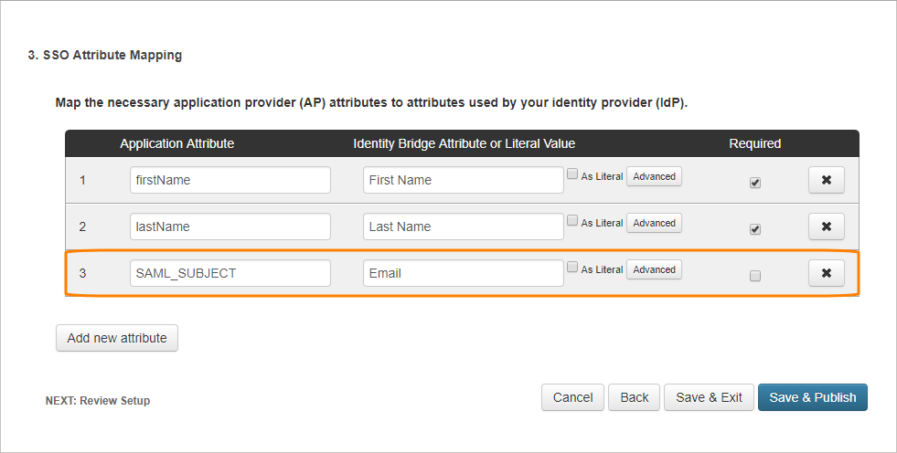 Single Sign-On: The SSO Attribute Mapping screen in PingOne with the SAML_SUBJECT attribute mapped