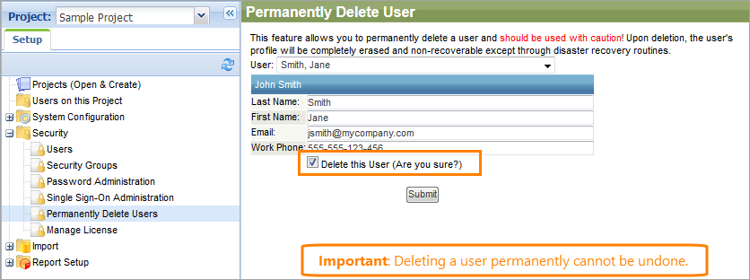 The Permanently Delete User form