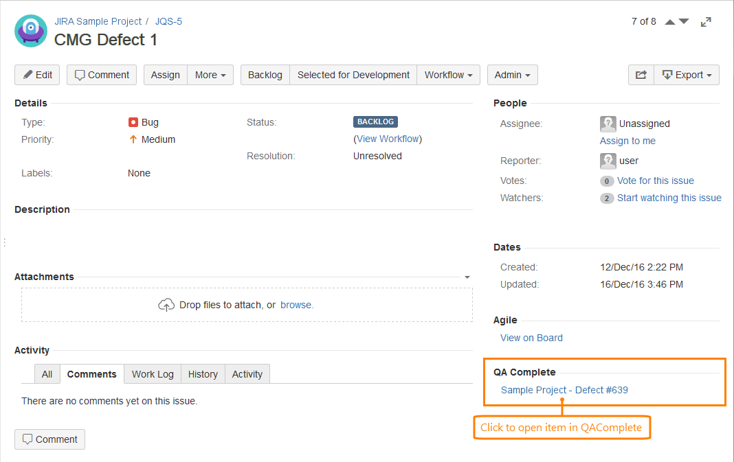 QAComplete integration with Jira: Jira item synchronized with QAComplete item