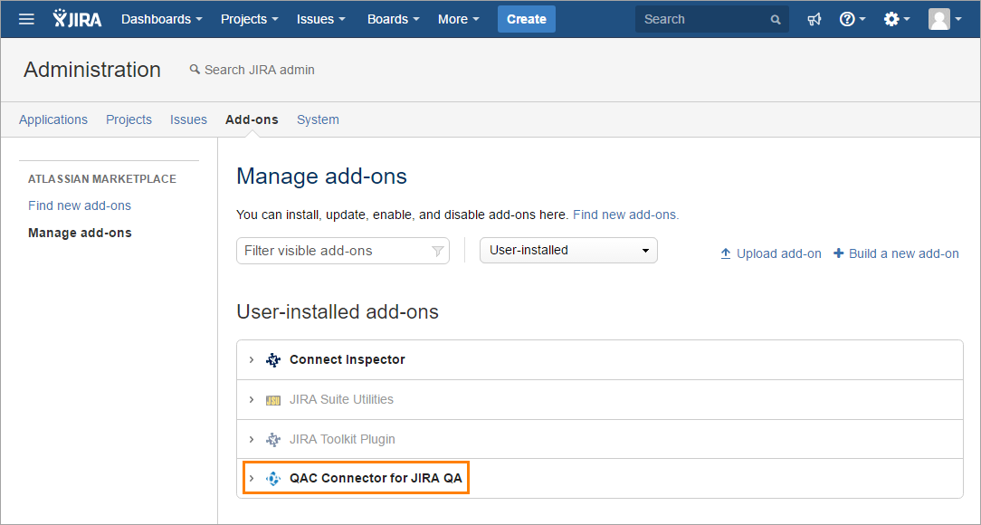 QAComplete integration with JIRA: The Manage Addons page