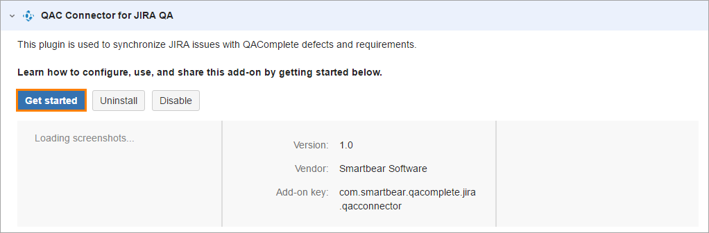 QAComplete integration with JIRA: The Get started button