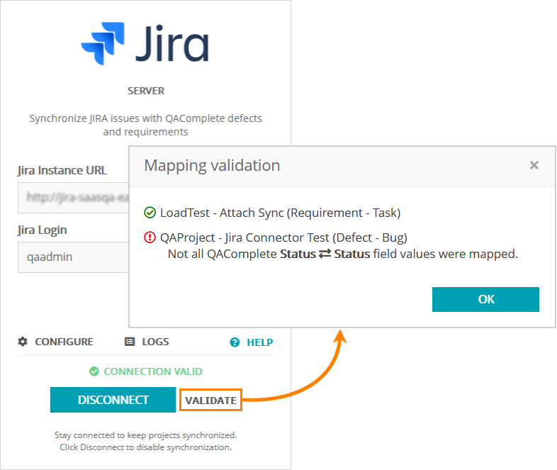 QAComplete integration with Jira: The Validate button