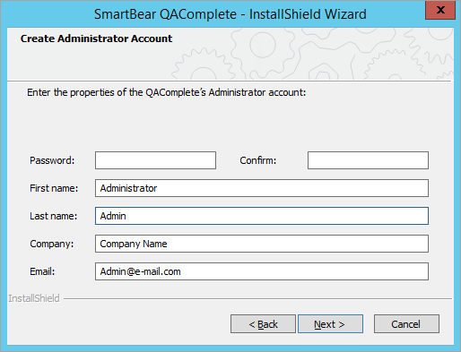 Installing QAComplete: Create Administrator account