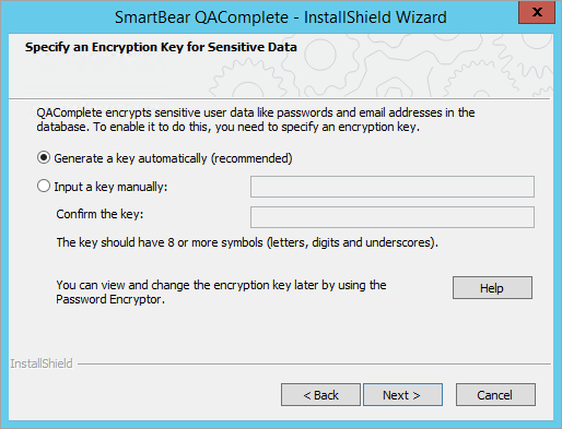 Installing QAComplete: Create an encryption key