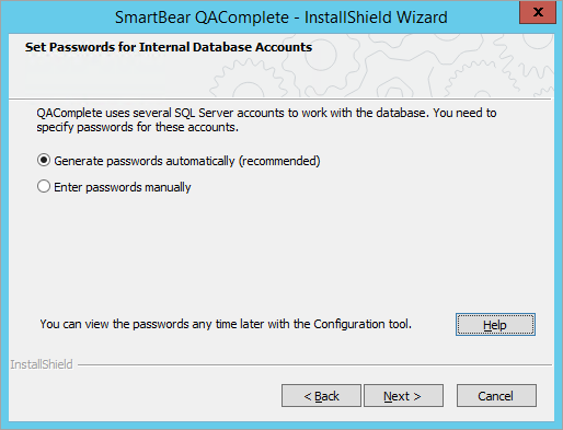 Installing QAComplete: Set passwords