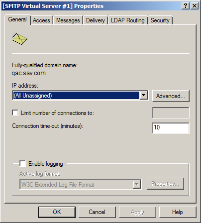 Installing QAComplete: SMTP Virtual Server properties