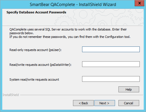 Installing QAComplete: Enter database passwords