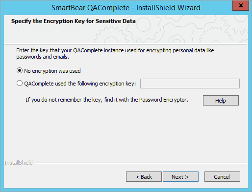 Installing QAComplete: Specify the encryption key
