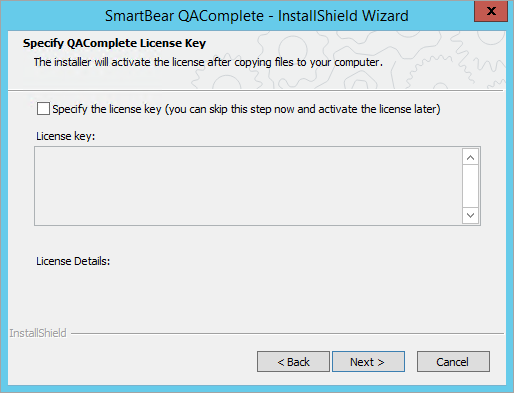 Installing QAComplete: Specify the license key