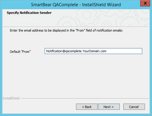 Installing QAComplete: Enter the sender address