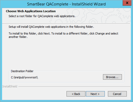 Installing QAComplete: Choose Web Applications Location