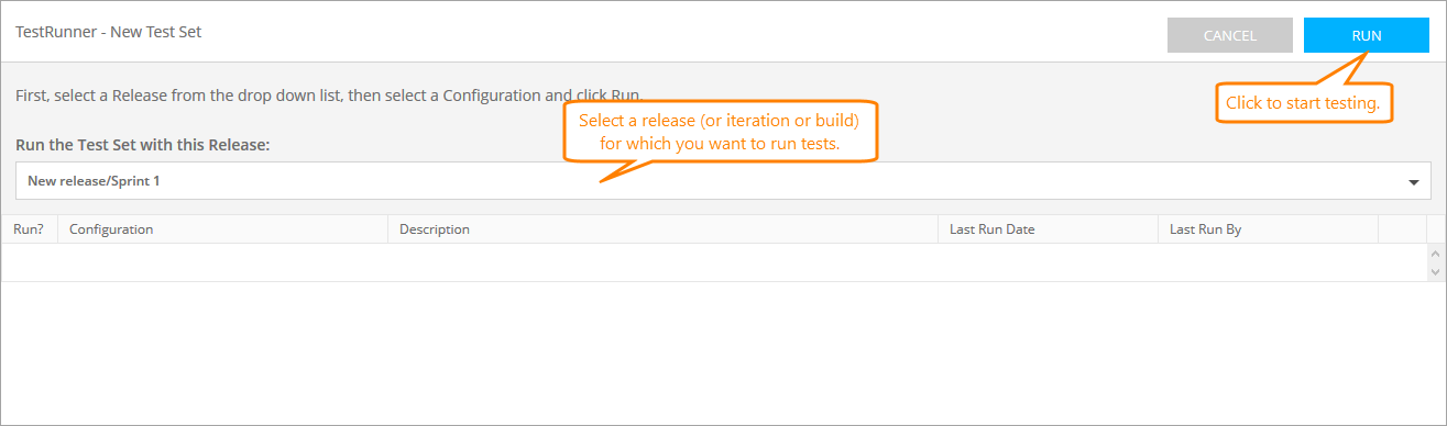 QAComplete User Tutorial: Select the release and (optional) configuration for which the tests will run