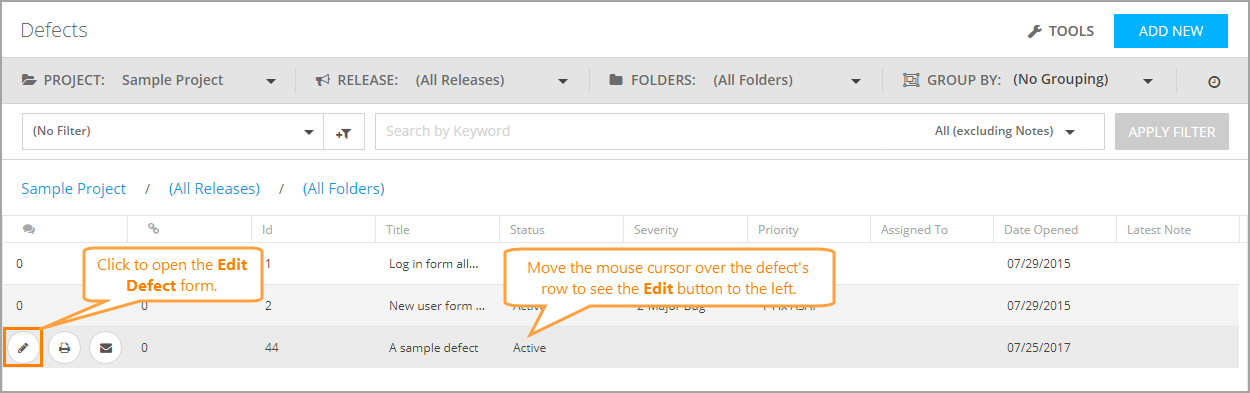 Defects: The Edit Defect button
