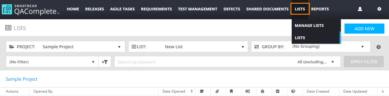 The Lists tab on the main QAComplete toolbar