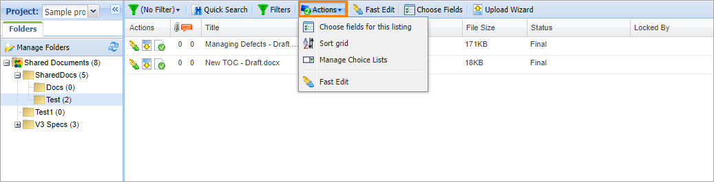 Shared Documents: The Actions menu