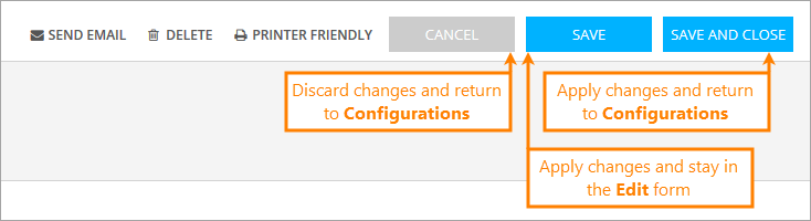The Cancel, Save, and Save and Exit buttons on the Edit Configuration form