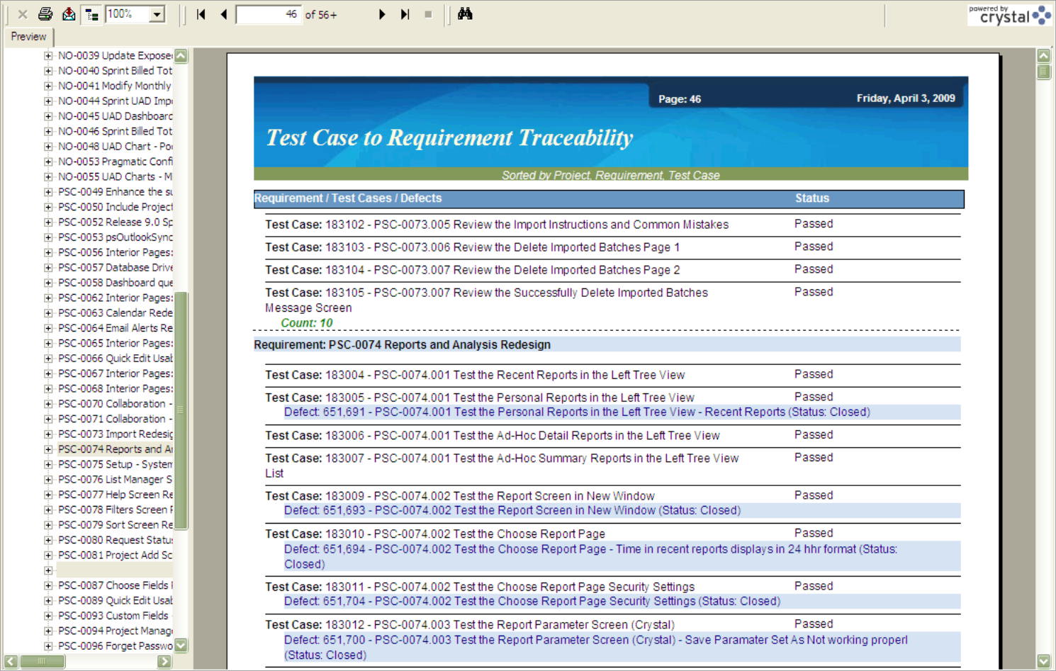 The Test Case to Requirement Traceability report in PDF
