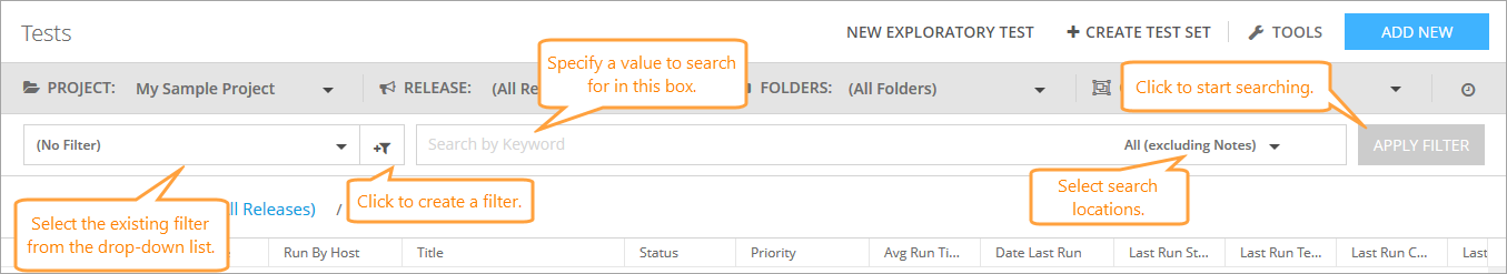 Test Library: Search and filters