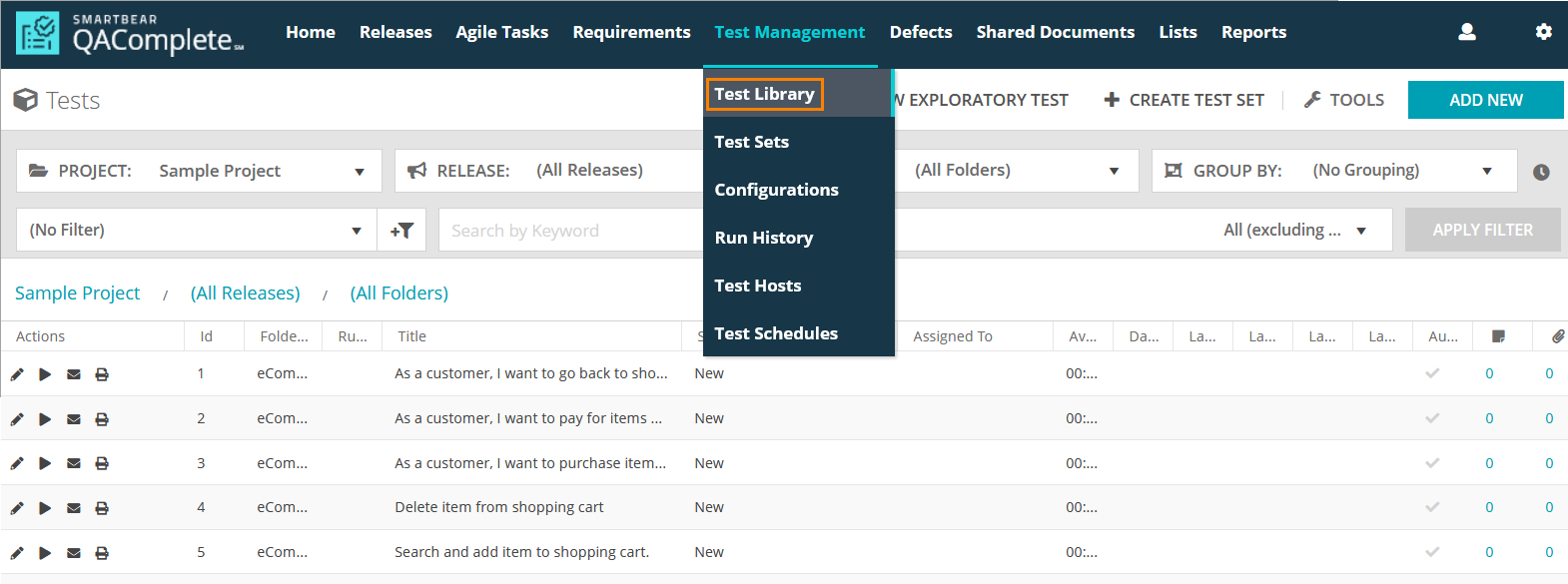 Test Management: The Test Library link on the toolbar