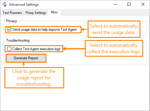 The Test Agent: Miscellaneous options