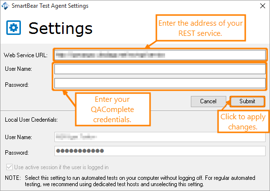 The Test Agent: The service address and login credentials
