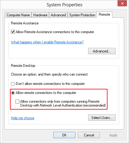 The Remote tab of the System Properties dialog in Windows