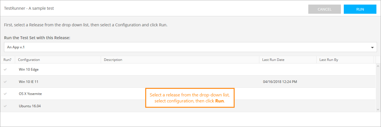 Running tests in QAComplete: The release and configuration selection screen