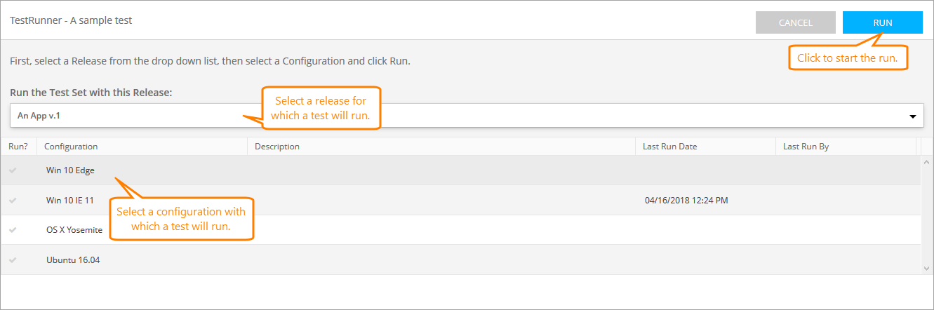 Running tests in QAComplete: Select a release and configuration for which the test will run