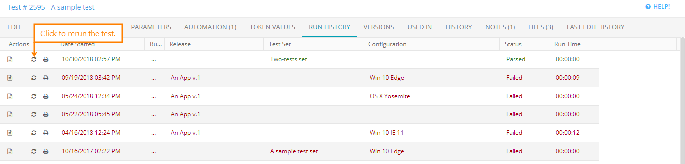 Running tests in QAComplete: Rerunning a test from the Run History page