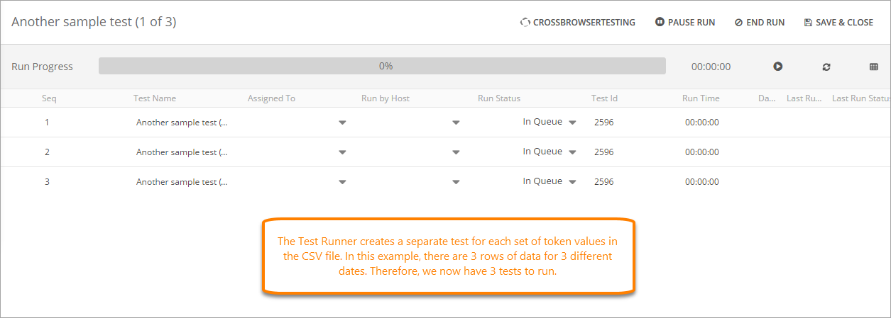 Running tests in QAComplete: The token test in the Test Runner