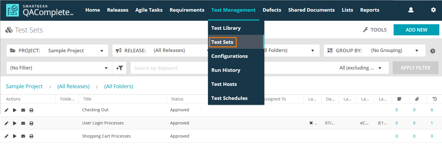 Test Management: The Test Sets link on the toolbar