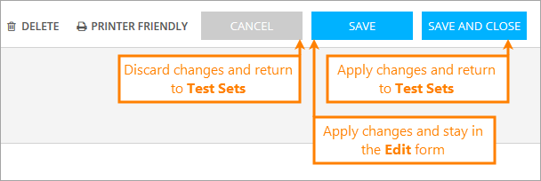 The Cancel, Submit, and Delete buttons on the Edit Test Set form