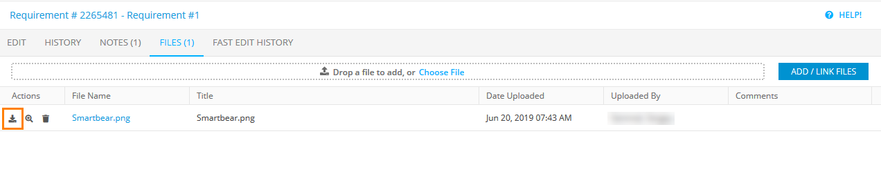 Files tab: The attachment download button