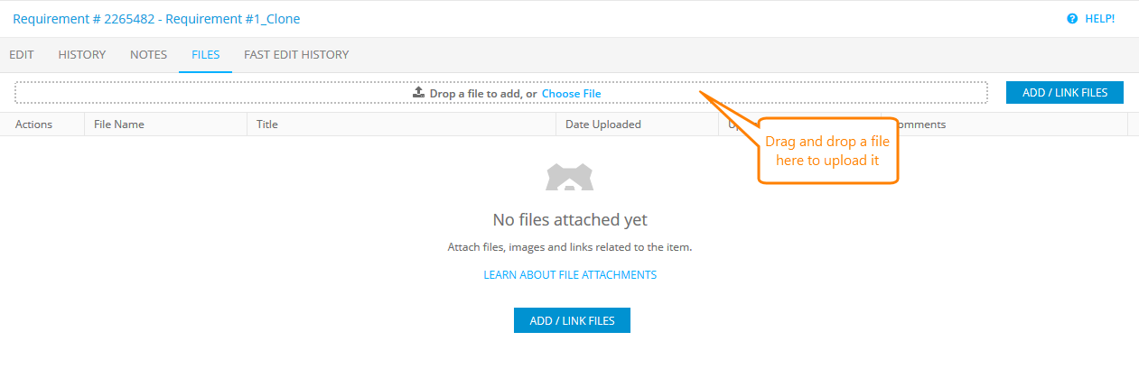 Files tab: The attachments upload panel