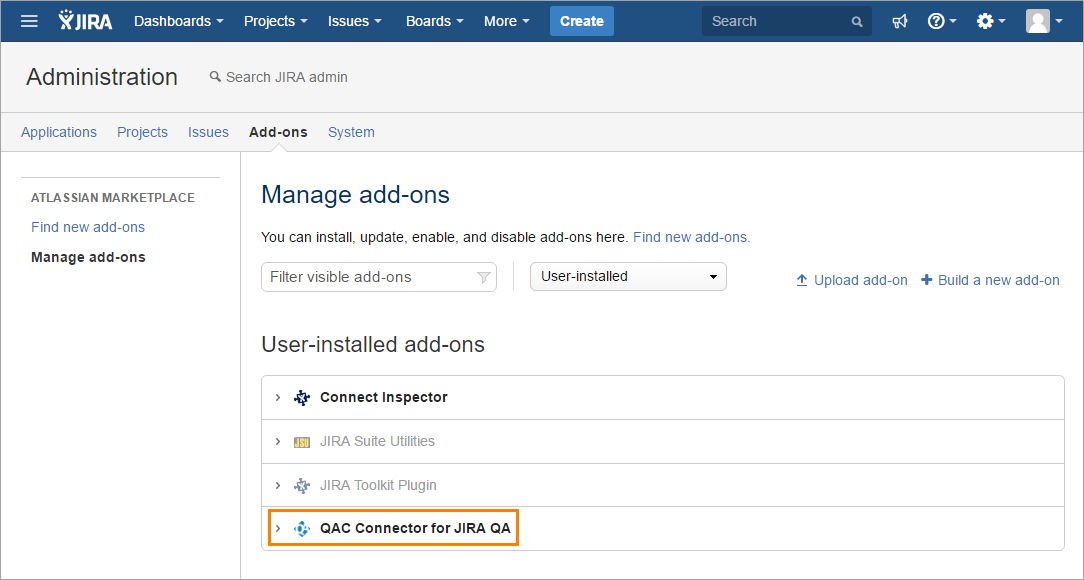 QAComplete integration with JIRA: The Manage Addons page QAComplete integration with JIRA: The Manage Addons page
