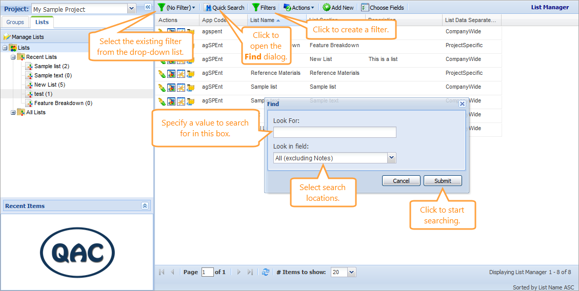 Lists: Search and filters