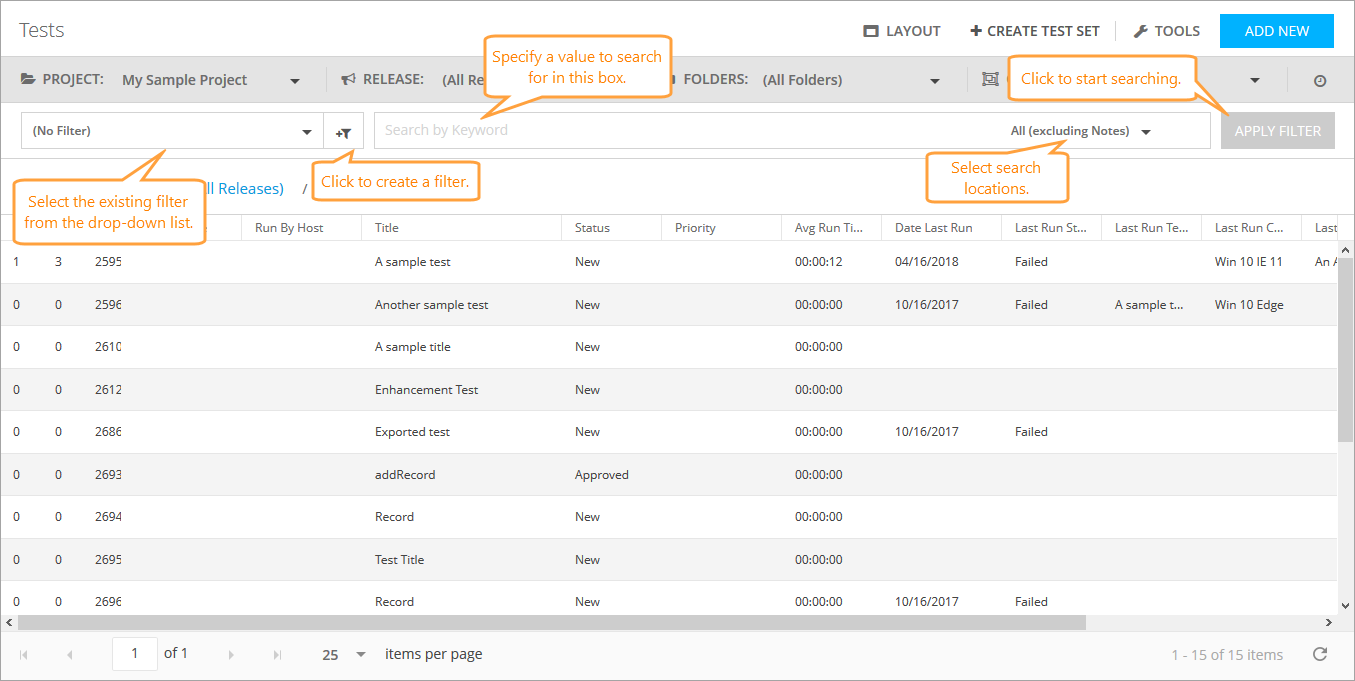 Test Library: Search and filters