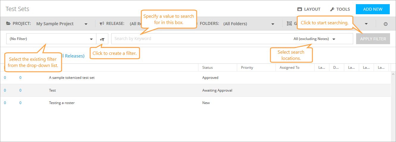 Test Sets: Search and filters