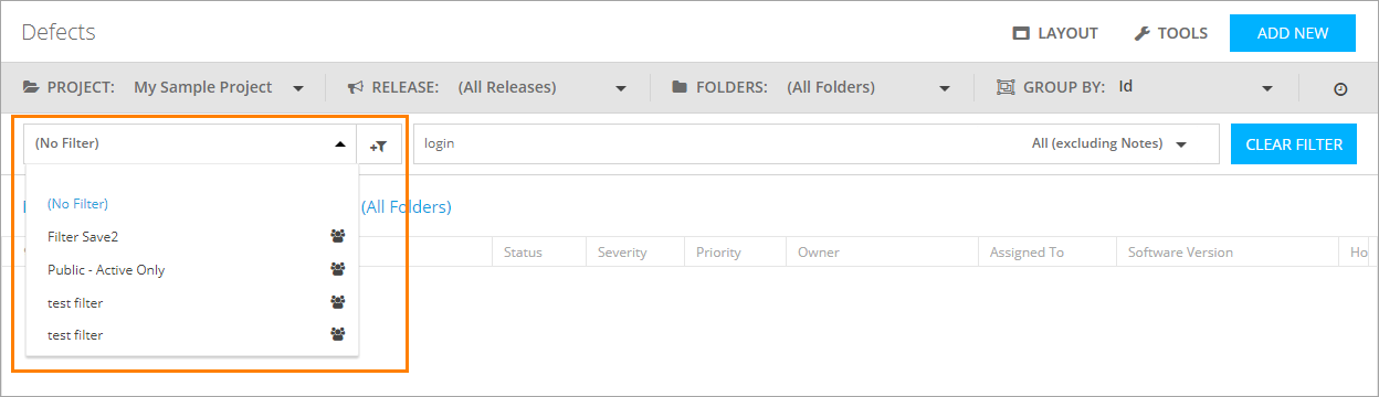 The Filter drop-down list