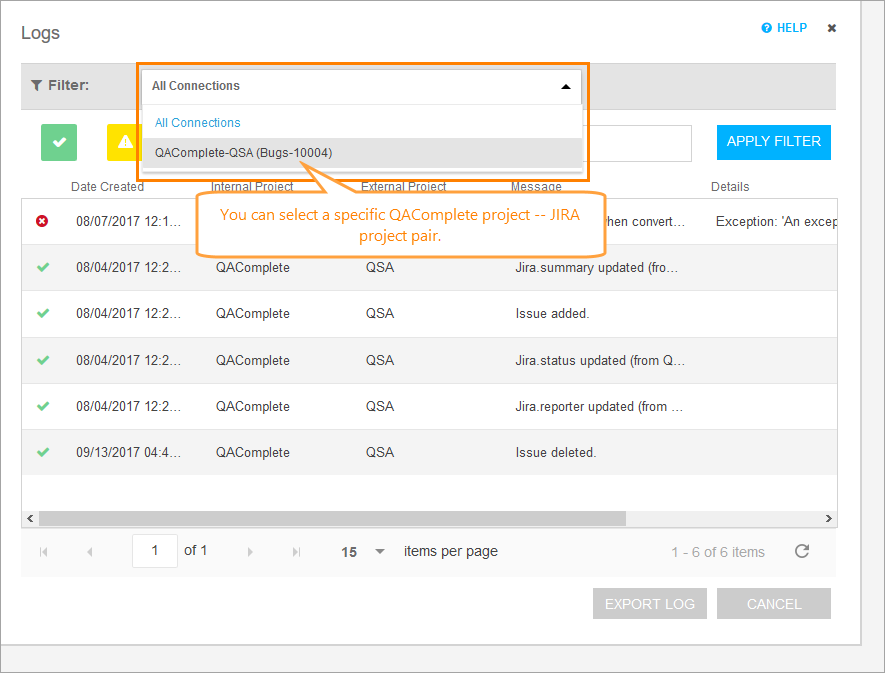 QAComplete: The Filter drop-down list on the connection logs screen