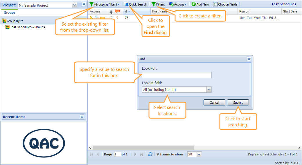 Test Schedules: Search and filters